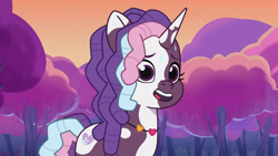Size: 3072x1727 | Tagged: safe, screencap, violette rainbow, pony, unicorn, g5, my little pony: tell your tale, swirlpool starlight, spoiler:g5, spoiler:my little pony: tell your tale, spoiler:tyts02e06, female, filly, foal, horn, open mouth, open smile, smiling, solo, sweat, sweatdrop