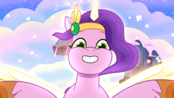 Size: 3072x1727 | Tagged: safe, screencap, pipp petals, alicorn, pony, g5, my little pony: tell your tale, the lone alicorn, spoiler:g5, spoiler:my little pony: tell your tale, spoiler:tyts02e07, artificial horn, artificial wings, augmented, female, grin, horn, magic, magic horn, magic wings, mare, pippcorn, smiling, solo, spread wings, wings