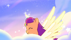 Size: 3072x1727 | Tagged: safe, screencap, sunny starscout, alicorn, pony, g5, my little pony: tell your tale, the lone alicorn, spoiler:g5, spoiler:my little pony: tell your tale, spoiler:tyts02e07, ^^, artificial horn, artificial wings, augmented, cute, eyes closed, female, flying, horn, magic, magic horn, magic wings, mare, race swap, smiling, solo, spread wings, sunnybetes, sunnycorn, wings