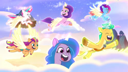 Size: 3072x1727 | Tagged: safe, screencap, hitch trailblazer, izzy moonbow, misty brightdawn, pipp petals, sunny starscout, zipp storm, alicorn, pony, g5, my little pony: tell your tale, the lone alicorn, spoiler:g5, spoiler:my little pony: tell your tale, spoiler:tyts02e07, ^^, alicornified, artificial horn, artificial wings, augmented, cute, eyes closed, female, flying, hitchbetes, hitchcorn, horn, izzycorn, magic, magic horn, magic wings, male, mane five, mane six (g5), mare, mistycorn, open mouth, open smile, pippcorn, race swap, rebirth misty, royal sisters (g5), siblings, sisters, smiling, spread wings, stallion, sunnycorn, wings, zippcorn