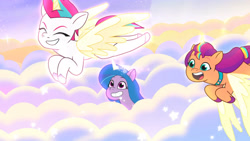 Size: 3072x1727 | Tagged: safe, screencap, izzy moonbow, sunny starscout, zipp storm, alicorn, pony, g5, my little pony: tell your tale, the lone alicorn, spoiler:g5, spoiler:my little pony: tell your tale, spoiler:tyts02e07, alicornified, artificial horn, artificial wings, augmented, eyes closed, female, flying, grin, horn, izzycorn, magic, magic horn, magic wings, mare, open mouth, open smile, race swap, smiling, spread wings, sunnycorn, trio, trio female, wings, zippcorn