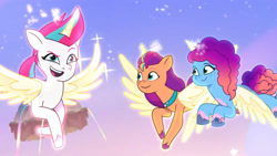 Size: 3072x1727 | Tagged: safe, screencap, misty brightdawn, sunny starscout, zipp storm, alicorn, pony, g5, my little pony: tell your tale, the lone alicorn, spoiler:g5, spoiler:my little pony: tell your tale, spoiler:tyts02e07, alicornified, artificial horn, artificial wings, augmented, eyebrows, female, flying, horn, magic, magic horn, magic wings, mare, mistycorn, open mouth, open smile, race swap, raised eyebrow, rebirth misty, smiling, spread wings, sunnycorn, trio, trio female, wings, zippcorn