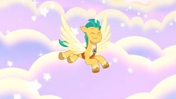 Size: 3072x1727 | Tagged: safe, screencap, hitch trailblazer, alicorn, pony, g5, my little pony: tell your tale, the lone alicorn, spoiler:g5, spoiler:my little pony: tell your tale, spoiler:tyts02e07, ^^, eyes closed, flying, hitchcorn, male, smiling, solo, spread wings, stallion, wings