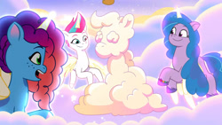 Size: 3072x1727 | Tagged: safe, screencap, izzy moonbow, misty brightdawn, zipp storm, alicorn, pony, g5, my little pony: tell your tale, the lone alicorn, spoiler:g5, spoiler:my little pony: tell your tale, spoiler:tyts02e07, female, flying, mare, open mouth, open smile, rebirth misty, smiling, spread wings, trio, trio female, wings