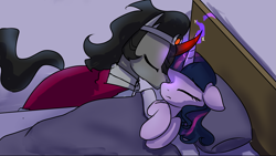 Size: 3127x1764 | Tagged: safe, artist:brella, king sombra, twilight sparkle, pony, unicorn, comic:crystal war, g4, alternate hairstyle, alternate universe, cheek kiss, female, floppy ears, kissing, lying down, male, on side, ship:twibra, shipping, straight, unicorn twilight