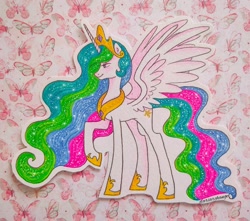 Size: 1600x1415 | Tagged: safe, artist:dariarchangel, princess celestia, alicorn, butterfly, pony, g4, concave belly, crown, female, horn, jewelry, long legs, mare, multicolored hair, patterned background, profile, rainbow hair, raised hoof, regalia, slender, smiling, solo, spread wings, standing, tall, thin, traditional art, wings