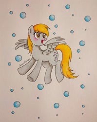 Size: 1273x1600 | Tagged: safe, artist:dariarchangel, derpy hooves, pegasus, pony, g4, blushing, bubble, cross-eyed, derp, female, flying, mare, open mouth, open smile, simple background, smiling, solo, spread wings, traditional art, turned head, wings