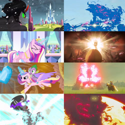 Size: 1936x1936 | Tagged: safe, edit, edited screencap, screencap, king sombra, princess cadance, spike, alicorn, dragon, g4, season 3, the crystal empire, calamity ganon, comic, comparison, crystal castle, crystal empire, crystal heart, dark beast ganon, death, epona, ganon, hyrule castle, link, princess zelda, screencap comic, snow, spoilers for another series, the legend of zelda, the legend of zelda: breath of the wild, triforce