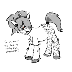 Size: 900x900 | Tagged: safe, artist:pony quarantine, oc, oc only, oc:netty bones, earth pony, pony, yakutian horse, dialogue, eye clipping through hair, female, fishnet stockings, grayscale, looking back, mare, monochrome, open mouth, open smile, partial color, smiling, solo