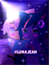 Size: 752x1003 | Tagged: safe, artist:u66589 yiv, oc, earth pony, pony, bracelet, clothes, duo, earth pony oc, eyelashes, fake wings, gacha, gacha club, glitter, hands behind back, hoodie, jewelry, lidded eyes, lunajean, necklace, shipping, unknown name