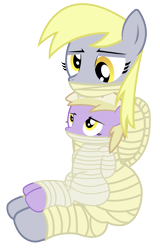 Size: 1400x2182 | Tagged: safe, artist:cardshark777, derpy hooves, dinky hooves, pegasus, pony, unicorn, g4, 101% helpless, bondage, cloth gag, digital art, female, filly, foal, gag, helpless, horn, looking at each other, looking at someone, looking down, looking up, mare, mother and child, mother and daughter, mummification, mummified, mummy, pegasus oc, simple background, sitting, sitting on lap, tied up, transparent background, wrapped up