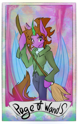 Size: 700x1110 | Tagged: safe, artist:destiny_manticor, oc, oc only, oc:destiny manticor, alicorn, semi-anthro, blue wings, brush, claws, clothes, digital art, female, leonine tail, solo, tail, tarot, tarot card, wing claws, wings