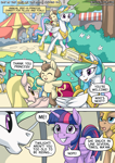 Size: 2171x3070 | Tagged: safe, artist:mysticalpha, princess celestia, twilight sparkle, oc, alicorn, pony, comic:day in the lives of the royal sisters, g4, carnival, comic, cute, cutelestia, dialogue, female, filly, foal, grin, guard, high res, magic, male, mare, ponies riding ponies, riding, royal guard, saddle, smiling, speech bubble, stallion, tack, twiabetes, twilight sparkle (alicorn)