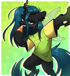 Size: 1494x1620 | Tagged: safe, artist:rtootb, queen chrysalis, pony, g4, clothes, cute, ear fluff, ear piercing, eating, female, food, horn, looking at you, mare, piercing, pizza, selfie, shirt, smiling, smiling at you, smirk, solo, t-shirt, teeth, wings