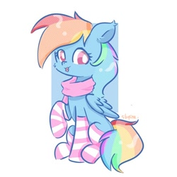 Size: 754x754 | Tagged: safe, artist:skylinepony_, rainbow dash, pegasus, pony, g4, :p, cheek fluff, clothes, cute, dashabetes, female, folded wings, looking at you, mare, raised hoof, scarf, signature, simple background, smiling, smiling at you, socks, solo, striped socks, tongue out, white background, wings