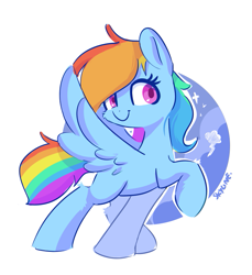 Size: 747x817 | Tagged: safe, artist:skylinepony_, rainbow dash, pegasus, pony, g4, cute, dashabetes, female, mare, raised hoof, signature, simple background, smiling, solo, spread wings, white background, wings
