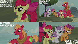 Size: 2000x1125 | Tagged: safe, edit, edited screencap, editor:quoterific, screencap, apple bloom, big macintosh, scootaloo, sweetie belle, g4, hard to say anything, cutie mark crusaders, tree