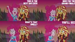 Size: 2000x1125 | Tagged: safe, edit, edited screencap, editor:quoterific, screencap, pinkie pie, sunset shimmer, equestria girls, equestria girls specials, g4, my little pony equestria girls: better together, my little pony equestria girls: sunset's backstage pass