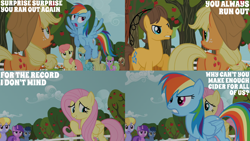 Size: 2000x1125 | Tagged: safe, edit, edited screencap, editor:quoterific, screencap, amethyst star, applejack, blues, caramel, cloud kicker, daisy, flower wishes, fluttershy, gala appleby, goldengrape, meadow song, noteworthy, rainbow dash, sassaflash, sir colton vines iii, sparkler, earth pony, pegasus, pony, unicorn, g4, season 2, the super speedy cider squeezy 6000, apple, apple family member, apple tree, female, horn, male, mare, stallion, tree