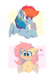 Size: 2896x4096 | Tagged: safe, artist:skylinepony_, fluttershy, rainbow dash, pegasus, pony, g4, blushing, cheek fluff, chest fluff, cute, duo, duo female, ear fluff, female, heart, heart eyes, high res, lesbian, looking down, mare, open mouth, open smile, partially open wings, raised hoof, ship:flutterdash, shipping, shy, signature, simple background, smiling, white background, wingding eyes, wings, wings down