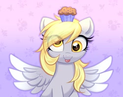 Size: 3123x2470 | Tagged: safe, artist:confetticakez, derpy hooves, pegasus, pony, g4, :p, cute, derpabetes, eye clipping through hair, female, food, gradient background, high res, looking at you, mare, muffin, smiling, smiling at you, solo, spread wings, tongue out, wings