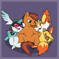 Size: 2400x2400 | Tagged: safe, alternate version, artist:argonvile, oc, fennekin, pony, shaymin, bellyrubs, butt, featureless crotch, high res, lying down, on back, open mouth, plot, pokémon, sky forme, smiling, trio