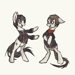 Size: 1080x1080 | Tagged: safe, artist:mikaleboo, earth pony, pony, bandana, bipedal, clothes, ears back, ears up, gerard way, grin, jacket, long tail, looking at each other, looking at someone, mikey way, my chemical romance, necktie, ponified, shirt, simple background, smiling, standing, tail, white background