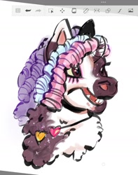 Size: 1274x1619 | Tagged: safe, artist:sto_court, violette rainbow, pony, unicorn, g5, bust, chest fluff, dreadlocks, female, filly, foal, horn, jewelry, neck fluff, necklace, open mouth, open smile, phone drawing, portrait, smiling, solo, vitiligo