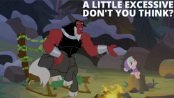 Size: 2000x1125 | Tagged: safe, edit, edited screencap, editor:quoterific, screencap, cozy glow, lord tirek, centaur, pegasus, pony, taur, frenemies (episode), g4, campfire, forest, hat, nature, tree, tree stump