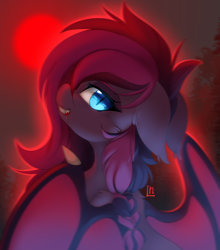 Size: 5424x6166 | Tagged: safe, artist:lunylin, oc, oc only, oc:neytria nightblood, bat pony, pony, absurd resolution, bat pony oc, bat wings, blood, blood moon, braid, commission, fangs, female, floppy ears, full moon, looking at you, looking back, looking back at you, mare, moon, signature, slit pupils, solo, spread wings, wings, ych result