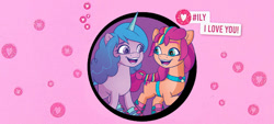 Size: 627x284 | Tagged: safe, artist:agnesgarbowska, edit, izzy moonbow, sunny starscout, earth pony, unicorn, g5, 2d, banner, cute, female, happy, heart, horn, i love you, izzybetes, lesbian, looking at each other, looking at someone, mane stripe sunny, pink background, roller skates, ship:moonscout, shipping, simple background, skates, smiling, sunnybetes
