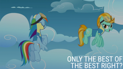 Size: 2000x1125 | Tagged: safe, edit, edited screencap, editor:quoterific, screencap, lightning dust, rainbow dash, pegasus, pony, g4, wonderbolts academy, clothes, flying, goggles, sky, uniform, wonderbolt trainee uniform