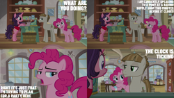 Size: 2000x1125 | Tagged: safe, edit, edited screencap, editor:quoterific, screencap, mudbriar, pinkie pie, earth pony, pony, unicorn, g4, the maud couple, cash register, horn, shop