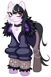 Size: 2659x4000 | Tagged: safe, artist:wtfponytime, earth pony, pony, bags under eyes, blushing, chains, choker, clothes, coat, fur coat, gradient legs, hololive, hololive advent, jacket, ponified, shiori novella, simple background, socks, solo, tail, transparent background, two toned mane, two toned tail, vtuber
