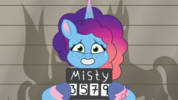 Size: 2400x1350 | Tagged: safe, artist:prixy05, misty brightdawn, pony, unicorn, g5, my little pony: tell your tale, the game is ahoof, female, horn, mare, mugshot, rebirth misty, solo