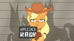 Size: 2400x1350 | Tagged: safe, artist:prixy05, applejack, earth pony, pony, g4, g5, my little pony: tell your tale, the game is ahoof, applejack is not amused, female, g4 to g5, generation leap, mare, mugshot, solo, unamused