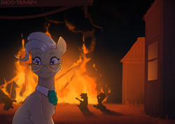 Size: 2283x1614 | Tagged: safe, artist:shido-tara, mayor mare, earth pony, g4, female, fire, glasses, looking back, night, sketch, smiling, solo