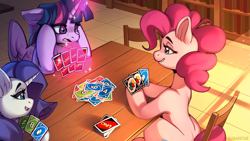 Size: 1920x1080 | Tagged: safe, artist:sugarstar, pinkie pie, rarity, twilight sparkle, alicorn, earth pony, pony, unicorn, g4, book, bookshelf, card, card game, featured image, female, glowing, glowing horn, holding, horn, levitation, magic, mare, nervous sweat, open mouth, open smile, playing card, sitting, smiling, smug, sweat, sweatdrops, table, telekinesis, this will end in tears, this will not end well, twilight sparkle (alicorn), uno