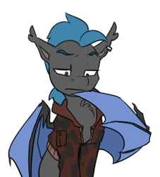 Size: 1000x1100 | Tagged: safe, artist:jewellier, oc, oc only, oc:vox noctis, bat pony, pony, g5, bat pony oc, clothes, colored sketch, ear piercing, earring, g5 oc, jacket, jewelry, male, oda 1997, piercing, ponytail, simple background, sketch, solo, stallion, transparent background
