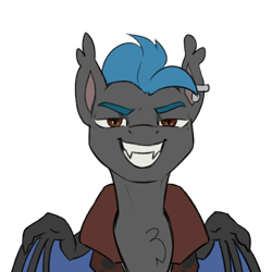 Size: 1200x1200 | Tagged: safe, artist:jewellier, oc, oc only, oc:vox noctis, bat pony, pony, g5, bat pony oc, clothes, colored sketch, ear piercing, earring, fangs, g5 oc, grin, jacket, jewelry, looking at you, male, oda 1997, piercing, simple background, sketch, smiling, solo, stallion, teeth, transparent background