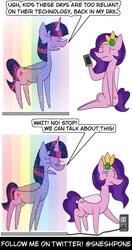 Size: 1000x1900 | Tagged: safe, artist:sneshpone, pipp petals, twilight sparkle, alicorn, pegasus, pony, g4, g5, cellphone, comic, cord, diadem, dialogue, duo, duo female, female, headband, hologram, imminent unplugging, jewelry, mare, outlet, phone, plug, regalia, smartphone, speech bubble, that pony sure does love phones, twilight sparkle (alicorn)