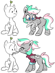 Size: 1500x2000 | Tagged: safe, artist:jewellier, oc, oc only, oc:shirley flow, earth pony, pegasus, pony, g5, 2 panel comic, chest fluff, clothes, colored sketch, comic, dot eyes, duo, earth pony oc, feather, female, freckles, g5 oc, glasses, grooming, jacket, mare, mouth hold, nom, oda 1997, pegasus oc, preening, simple background, sketch, sketch dump, unshorn fetlocks, white background, wings