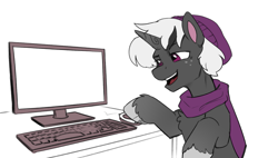 Size: 1899x1080 | Tagged: safe, artist:jewellier, oc, oc only, oc:marcel lumin, pony, unicorn, g5, beanie, clothes, colored sketch, freckles, g5 oc, hat, horn, keyboard, male, meme template, monitor, oda 1997, scarf, simple background, sketch, smiling, solo, stallion, unicorn oc, unshorn fetlocks, white background