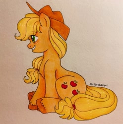 Size: 1586x1599 | Tagged: safe, artist:dariarchangel, applejack, earth pony, pony, g4, applejack's hat, blonde, colored hooves, cowboy hat, female, freckles, hat, looking away, mare, ponytail, profile, simple background, sitting, smiling, solo, traditional art