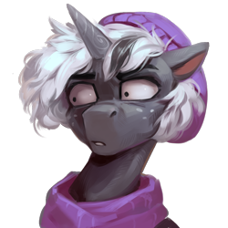 Size: 1080x1080 | Tagged: safe, artist:jewellier, oc, oc only, oc:marcel lumin, pony, unicorn, g5, beanie, bust, clothes, colored sketch, confused, freckles, g5 oc, hat, horn, male, oda 1997, portrait, scarf, shrunken pupils, simple background, sketch, solo, stallion, thousand yard stare, transparent background, unicorn oc