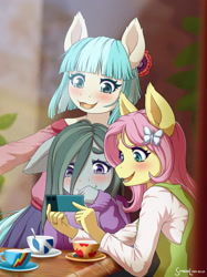 Size: 1600x2134 | Tagged: safe, artist:symbianl, coco pommel, fluttershy, marble pie, earth pony, pegasus, anthro, g4, cellphone, crying, cup, eye clipping through hair, eyebrows, eyebrows visible through hair, fangs, female, floppy ears, phone, smartphone, smiling, teacup, the council of shy ponies, trio, trio female