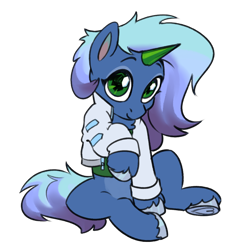 Size: 1080x1080 | Tagged: safe, artist:jewellier, oc, oc only, oc:cyanite star, pony, unicorn, clothes, colored sketch, crystal horn, cute, horn, jacket, looking at you, oda 1997, simple background, sitting, sketch, solo, transparent background, unicorn oc, unshorn fetlocks