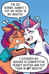 Size: 731x1106 | Tagged: safe, artist:natalie haines, idw, official comic, sunny starscout, zipp storm, earth pony, pegasus, pony, g5, kenbucky roller derby #2, my little pony: kenbucky roller derby, spoiler:comic, spoiler:g5comic, bag, context is for the weak, crying, dialogue, duo, emanata, female, gradient background, hug, mane stripe sunny, mare, saddle bag, speech bubble, unshorn fetlocks, wrong cutie mark