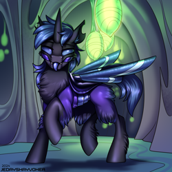 Size: 3000x3000 | Tagged: oc name needed, safe, artist:jedayskayvoker, oc, changeling, hybrid, moth, mothling, mothpony, original species, butt fluff, changeling hive, changeling hybrid, changeling oc, cheek fluff, chest fluff, fangs, folded wings, hybrid oc, leg fluff, looking at you, male, solo, tongue out, wings