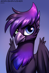 Size: 2000x3000 | Tagged: safe, artist:jedayskayvoker, oc, oc:galaxy, griffon, bust, cheek feathers, cute, folded wings, gradient background, griffon oc, heterochromia, icon, looking at you, male, patreon, patreon reward, portrait, solo, wings